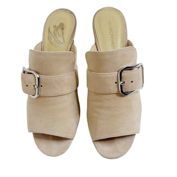 Marc Fisher Rima Tan Blush Suede Sandal Silver Block Heel Mule Slides Size 8 - Picture 3 of 13